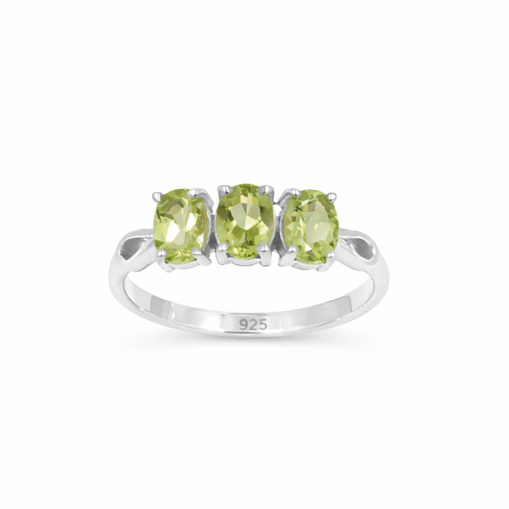 Three Stone Oval Cut Peridot Ring with Pear Shape Band in 925 Silver