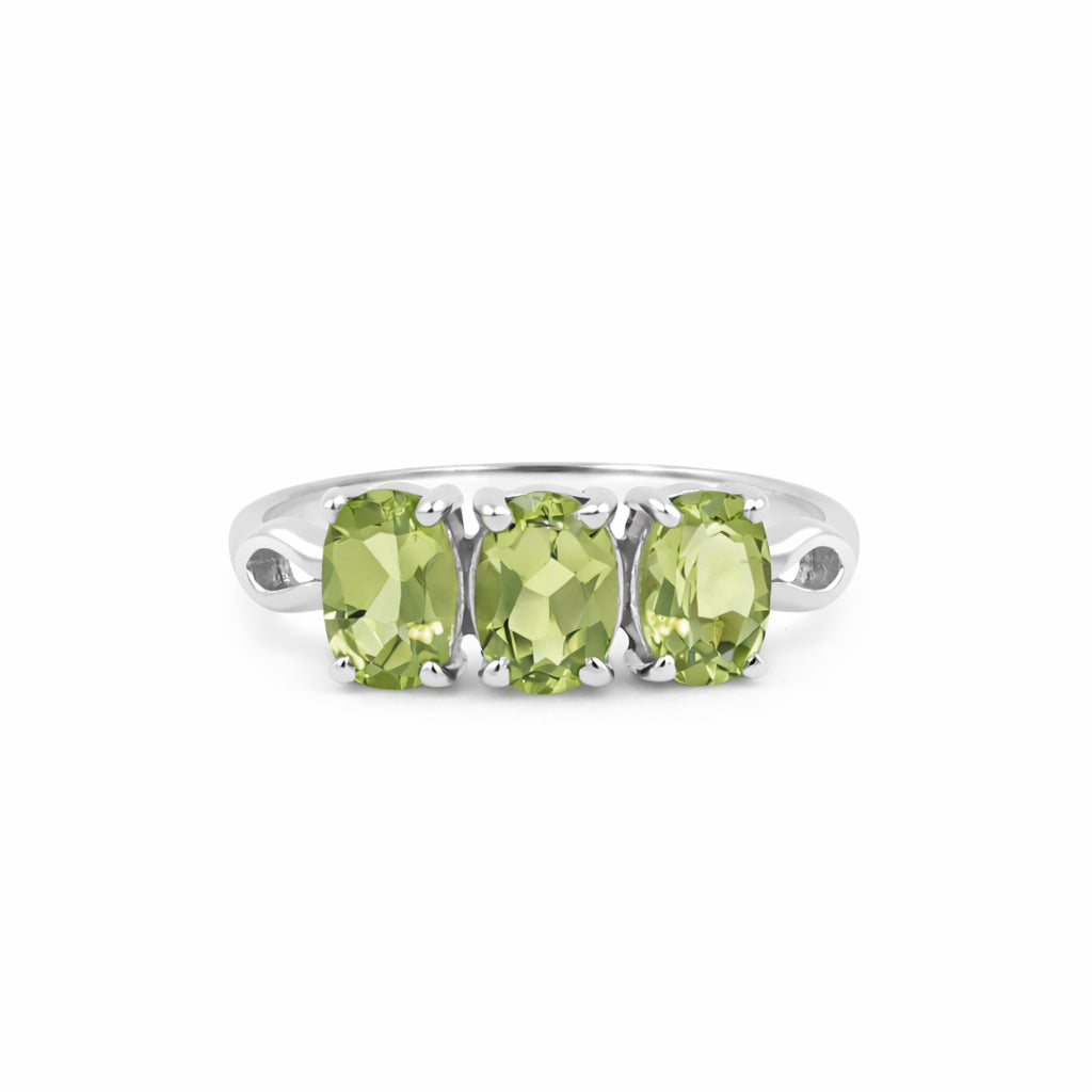 Three Stone Oval Cut Peridot Ring with Pear Shape Band in 925 Silver
