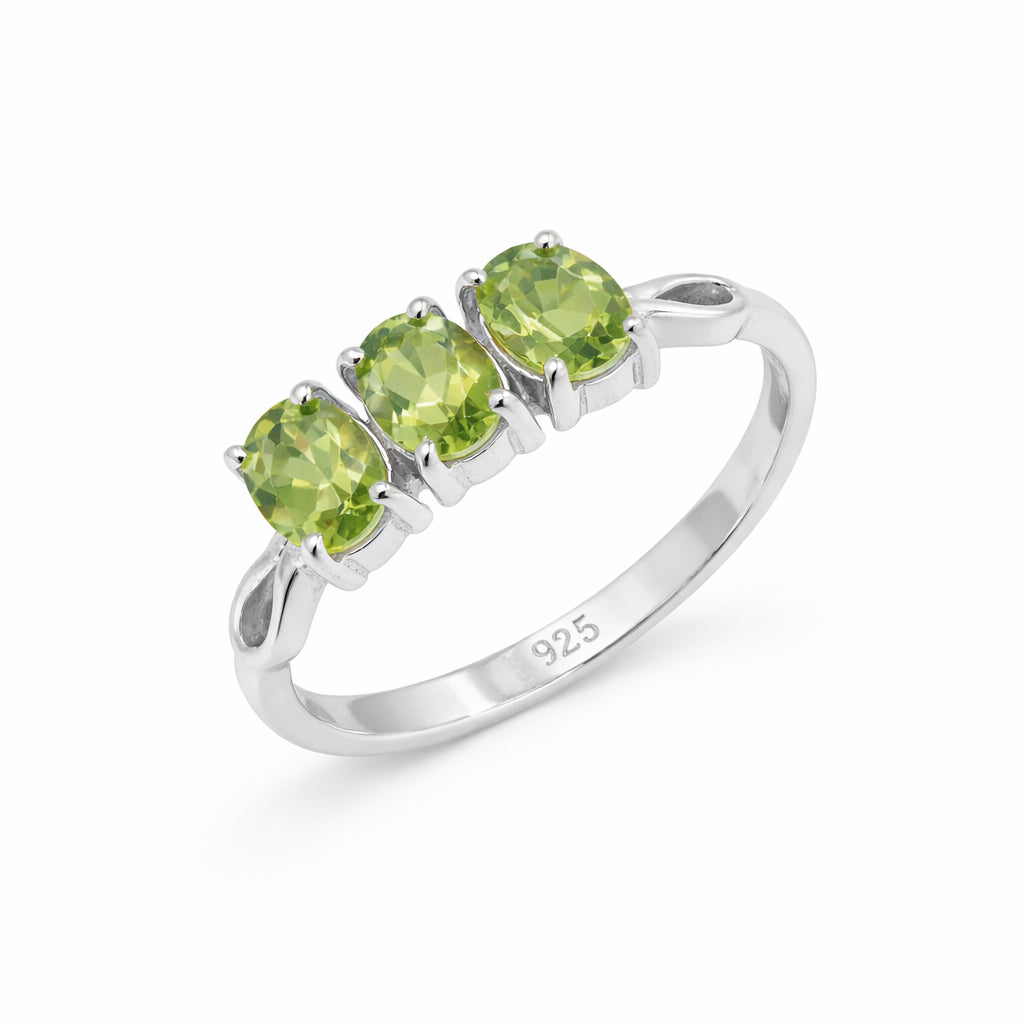 Three Stone Oval Cut Peridot Ring with Pear Shape Band in 925 Silver