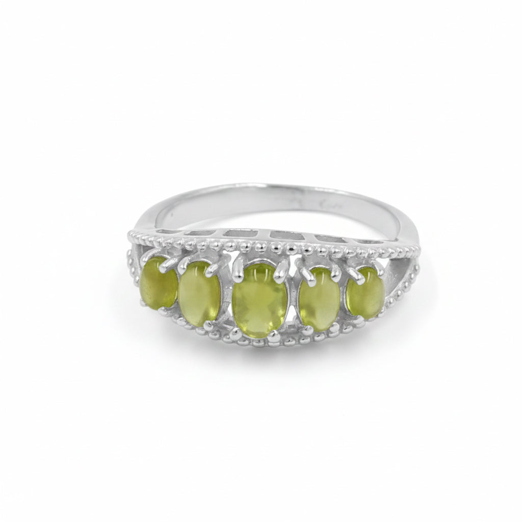 Three Eye Goddess Peridot Cabochon Ring in 925 Silver