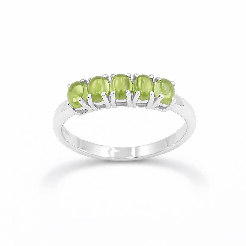Five Stone Oval Peridot Cabochon Ring in 925 Silver