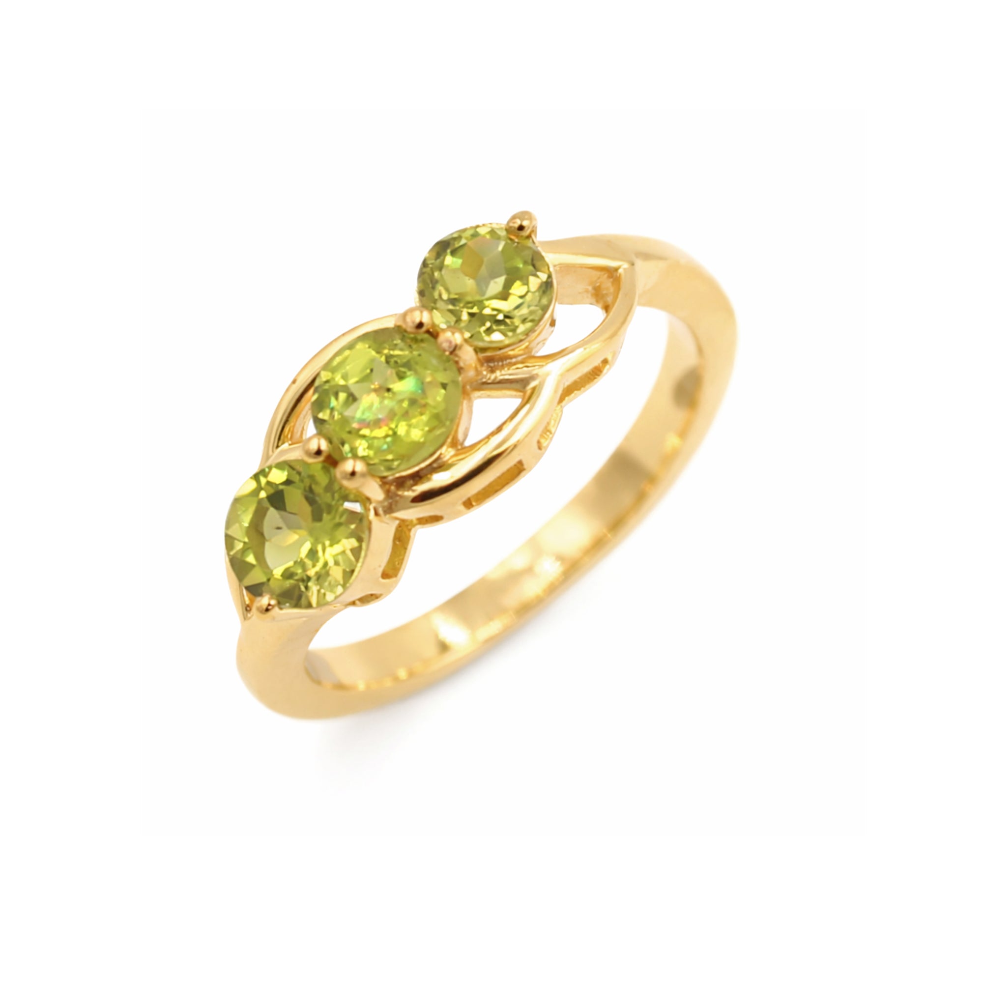 925 Silver Three-Stone Peridot Ring with Round Green Gemstones