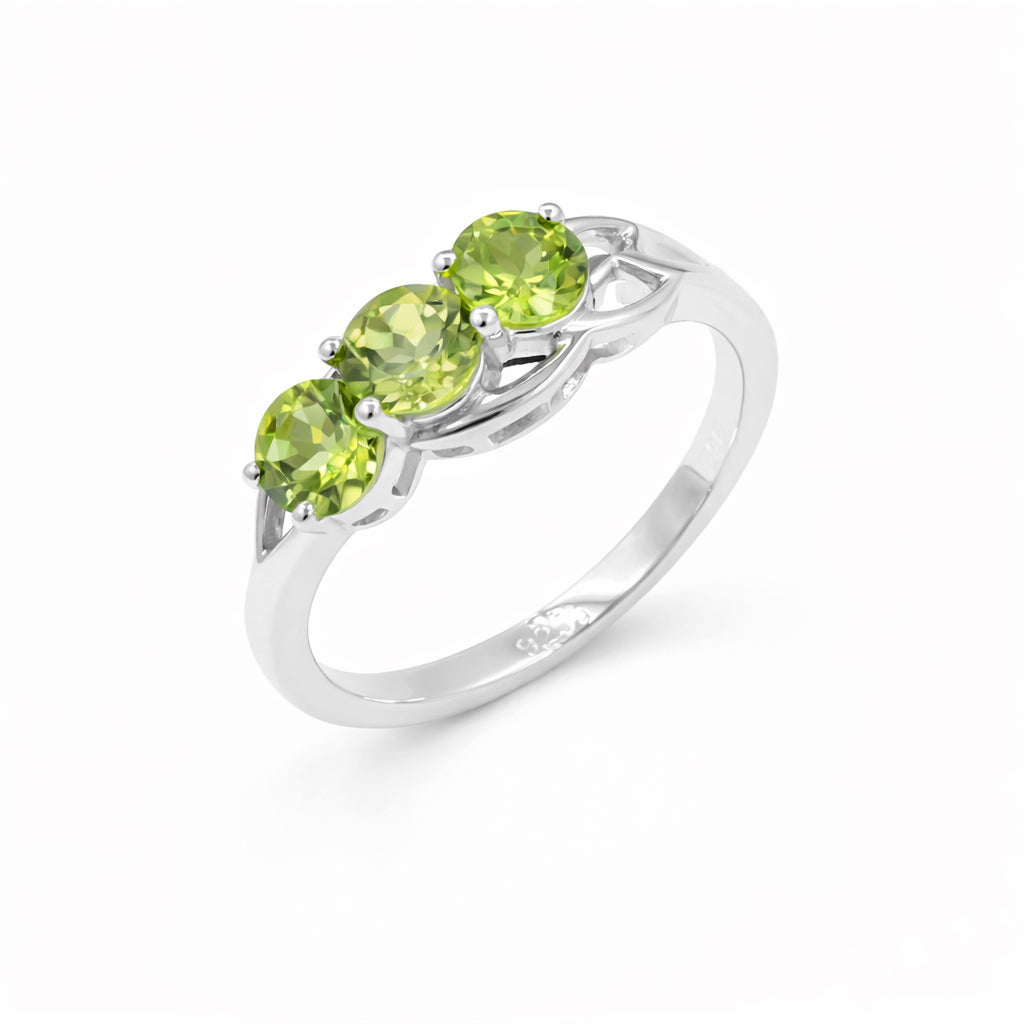 925 Silver Three-Stone Peridot Ring with Round Green Gemstones