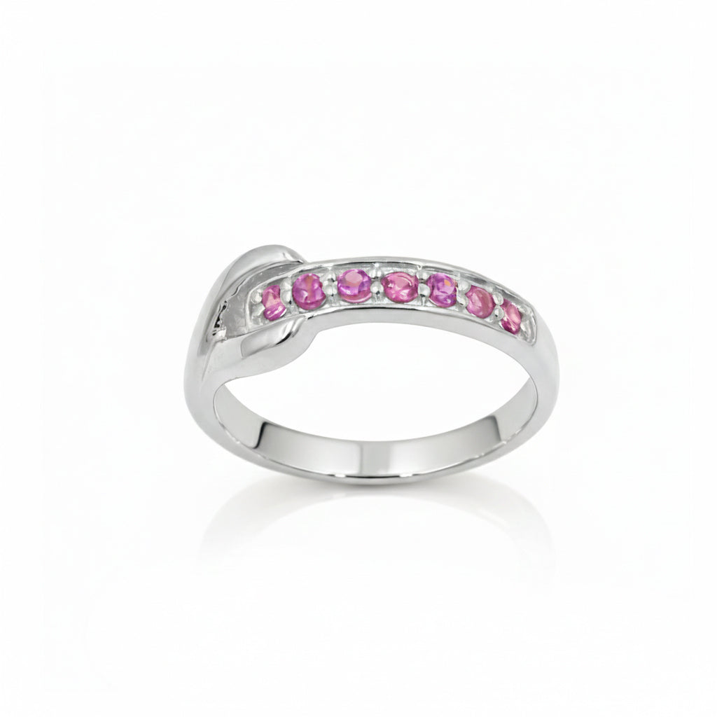 Rhodolite Garnet 7 Stone Ring – Modern Round Cut Sterling Silver 925 Designer Band