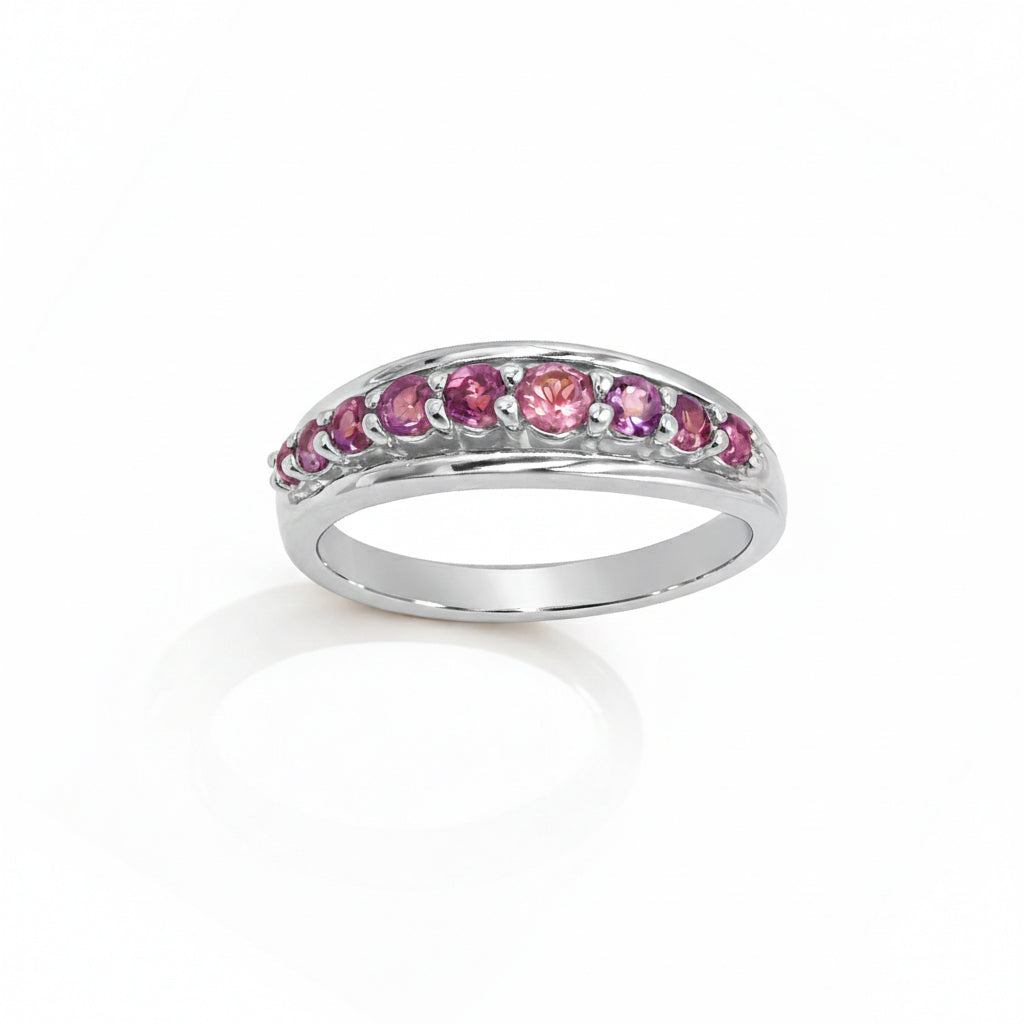 Rhodolite Garnet 9 Stone Bar Round Cut Graduated Design in Sterling Silver 925 Ring