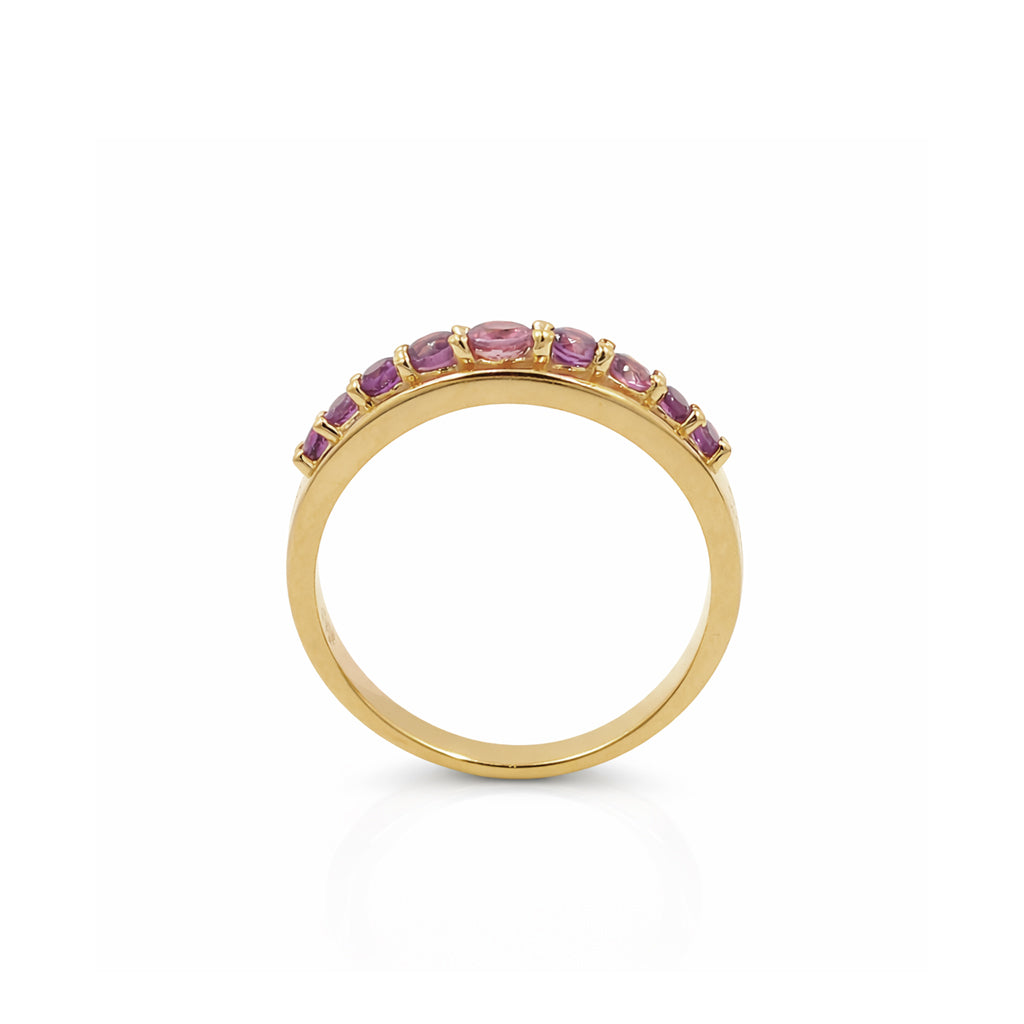 Rhodolite Garnet 9 Stone Bar Round Cut Graduated Design in Sterling Silver 925 Ring