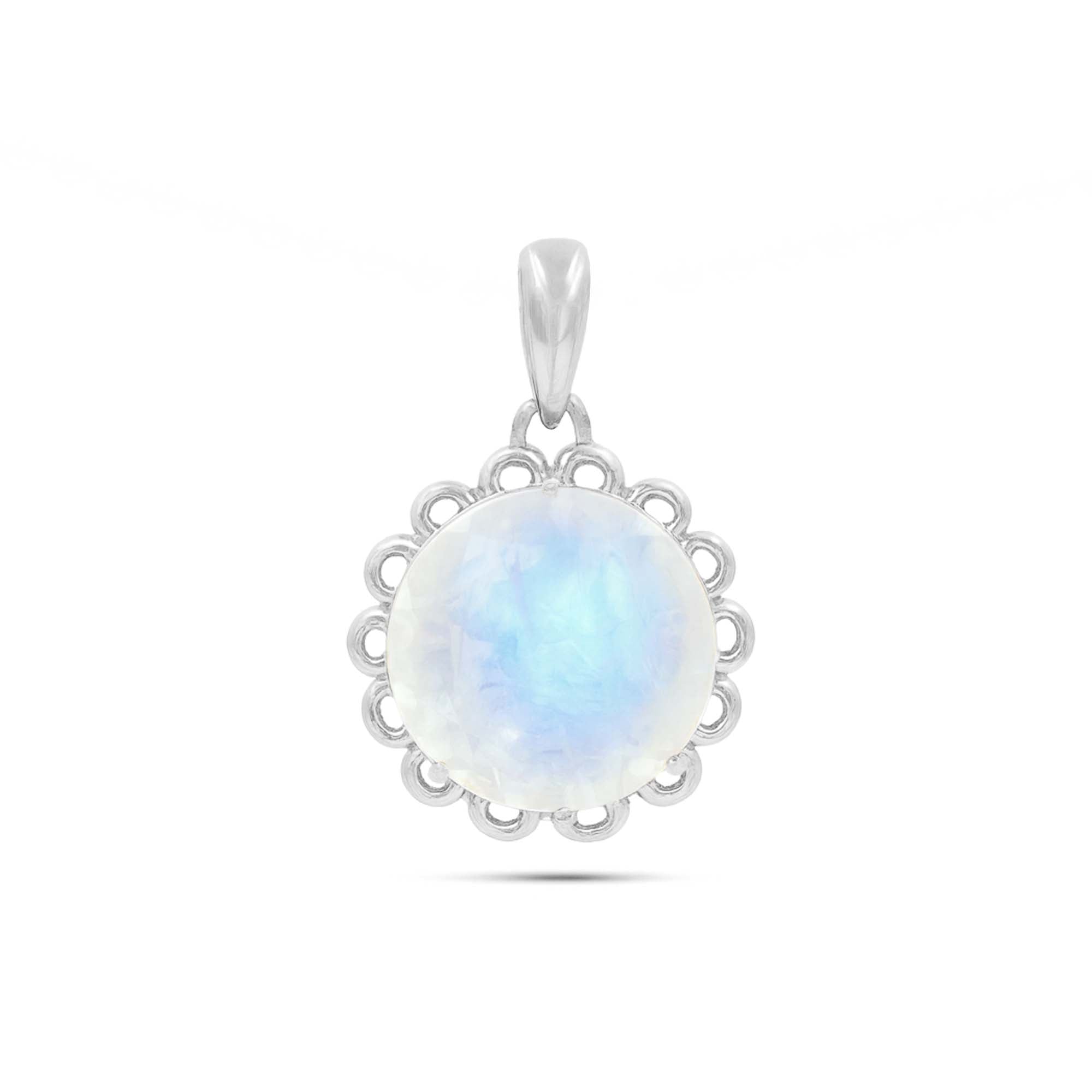 Rainbow Moonstone Round Pendant with Prong Setting