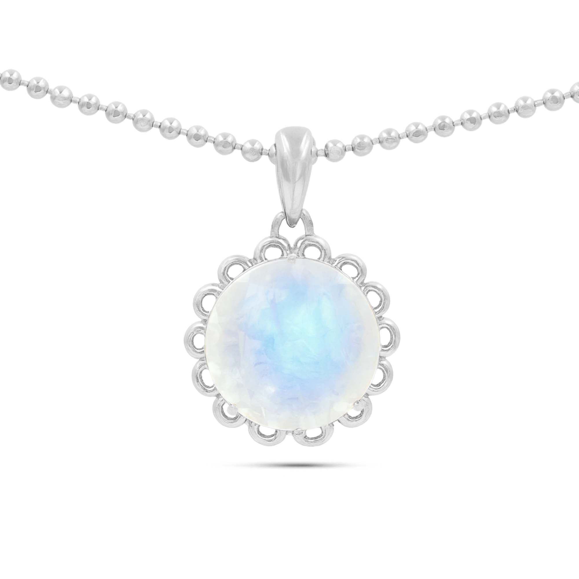 Rainbow Moonstone Round Pendant with Prong Setting