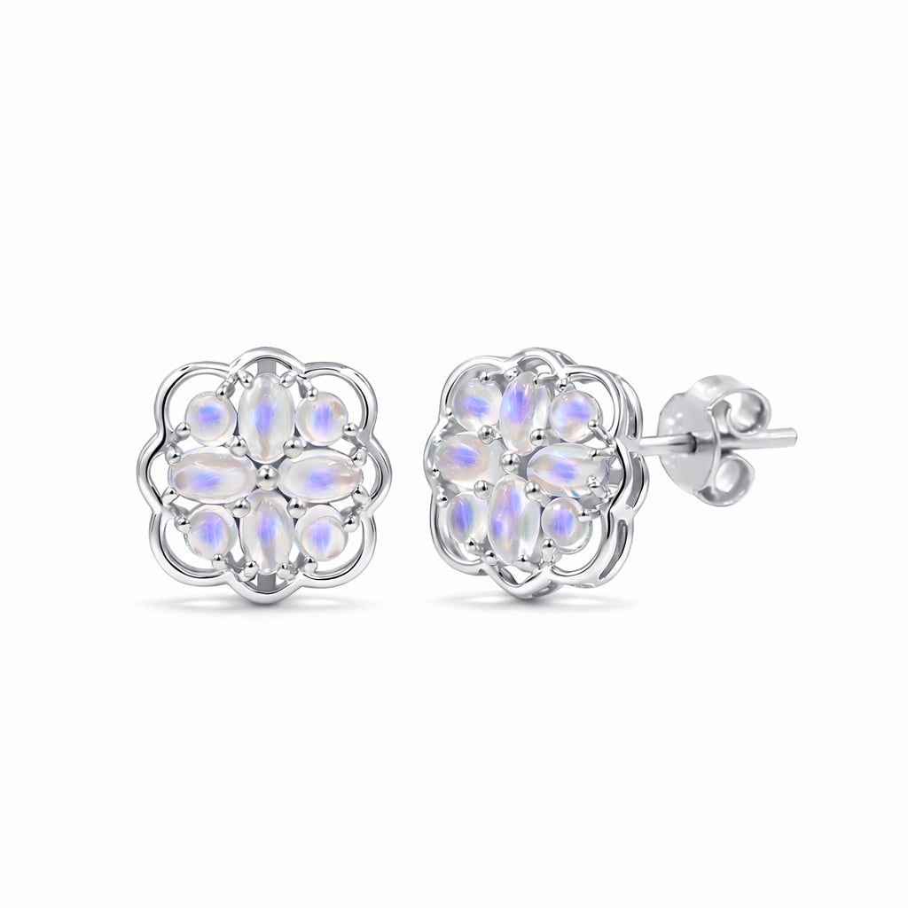 Rainbow Moonstone Cabochon Vintage Floral Stud Earrings in 925 Sterling Silver Round and Oval Stone Design