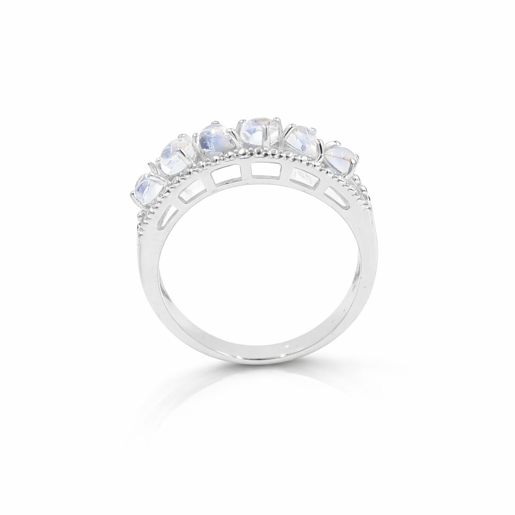 Rainbow Moonstone Pear Cabochon Six Stone Ring in 925 Sterling Silver