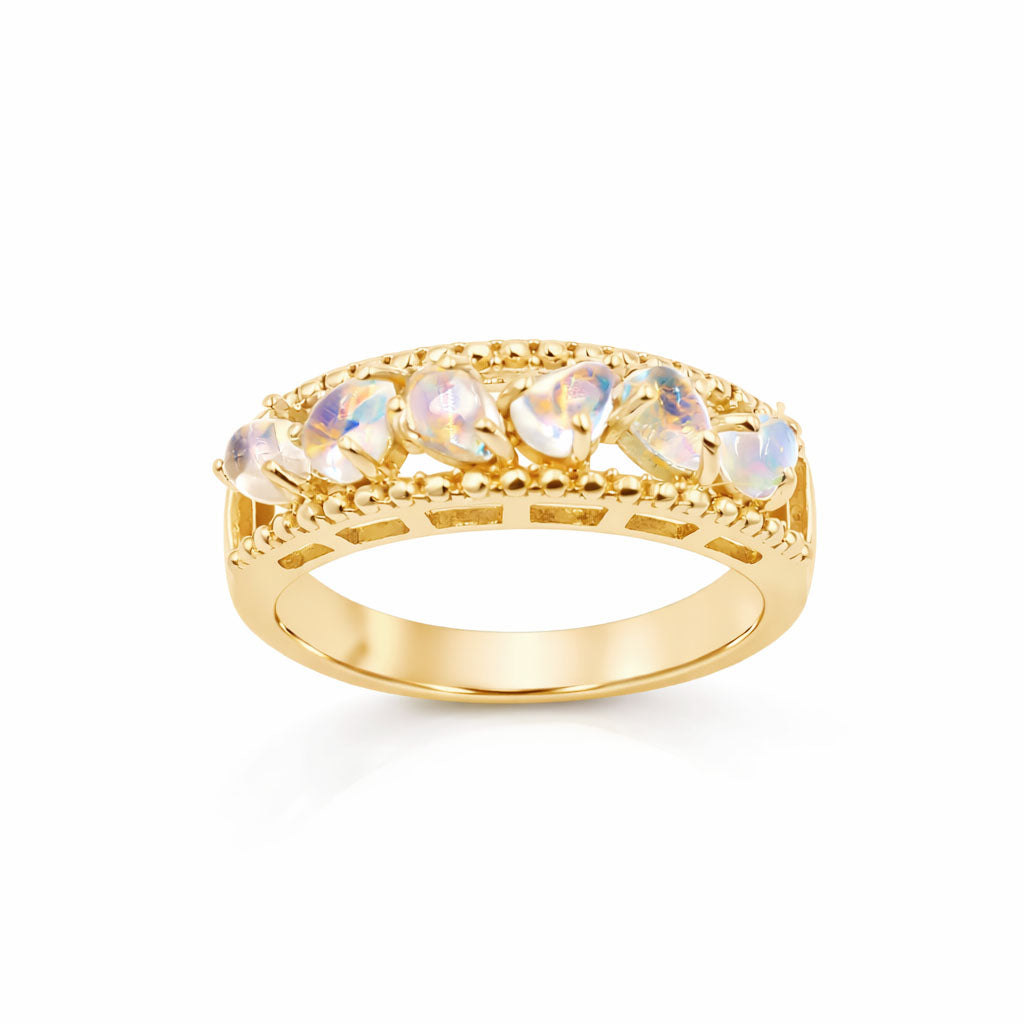 Rainbow Moonstone Pear Cabochon Six Stone Ring in 925 Sterling Silver