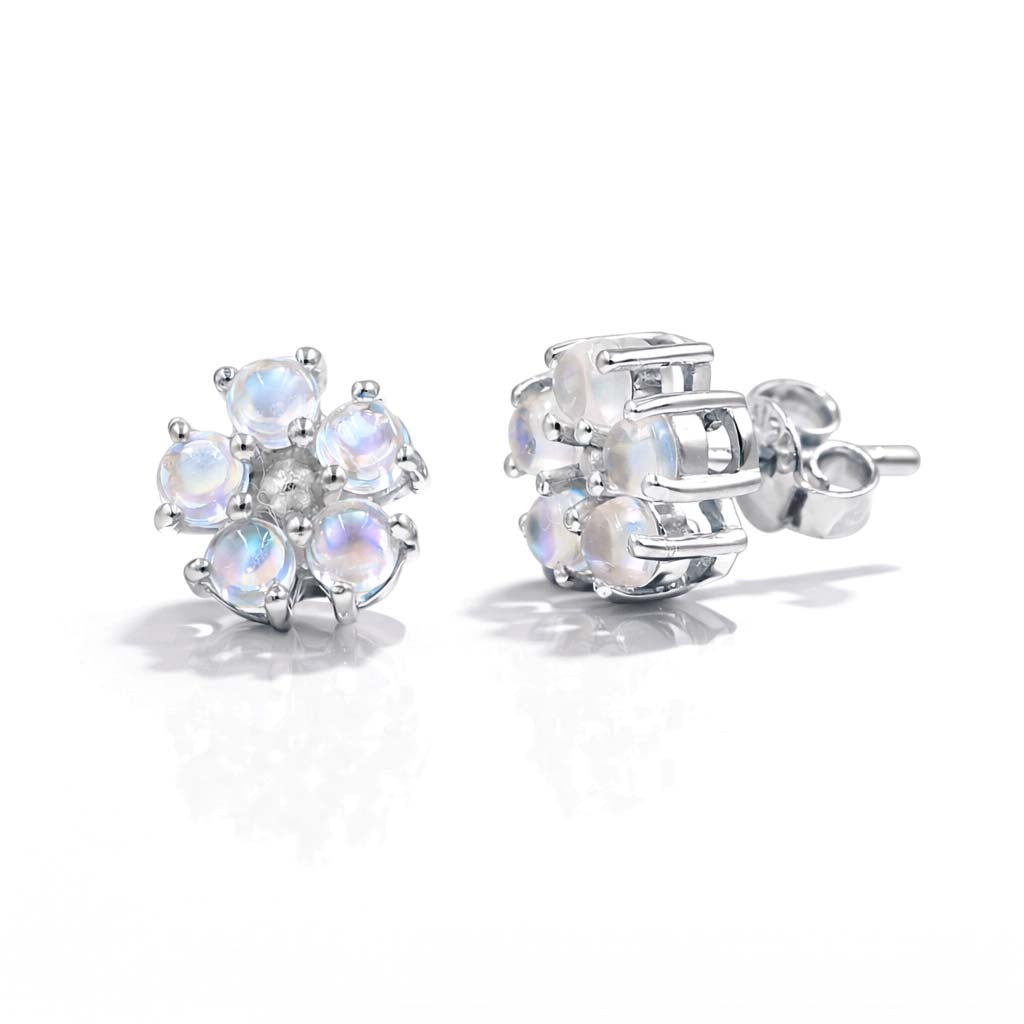 Rainbow Moonstone Round Cabochon Flower Stud Earrings in 925 Sterling Silver Five Petal Design