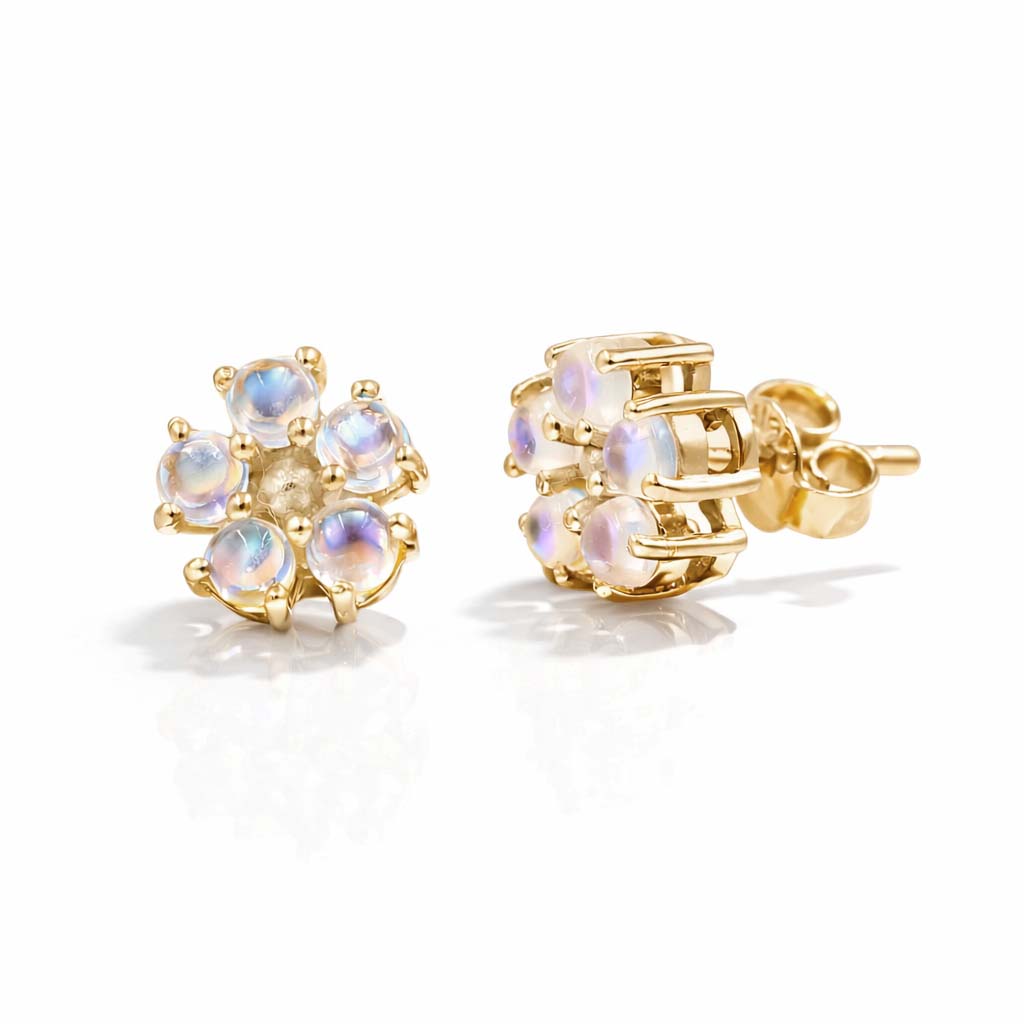 Rainbow Moonstone Round Cabochon Flower Stud Earrings in 925 Sterling Silver Five Petal Design