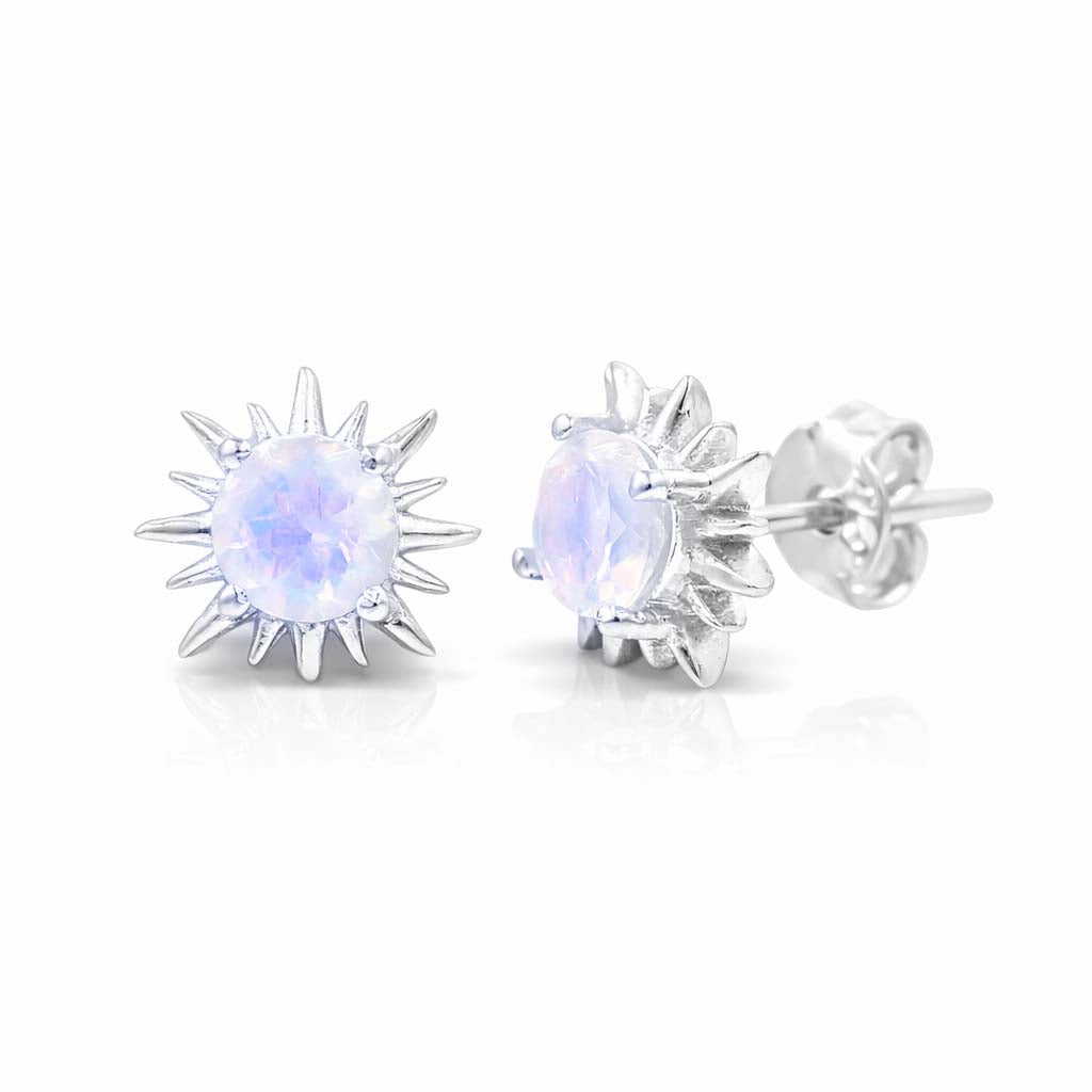 Rainbow Moonstone Round Sunburst Stud Earrings in 925 Sterling Silver