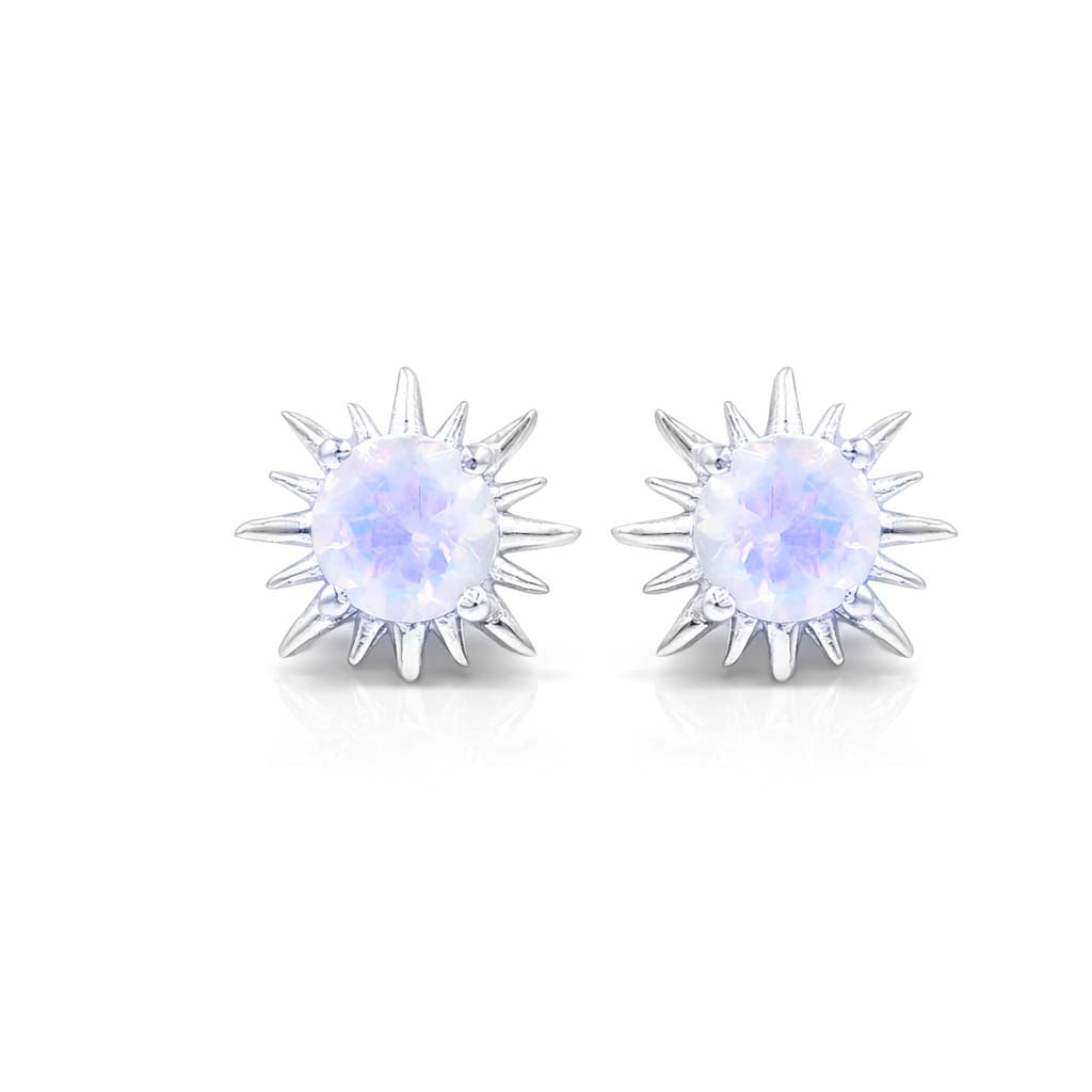 Rainbow Moonstone Round Sunburst Stud Earrings in 925 Sterling Silver