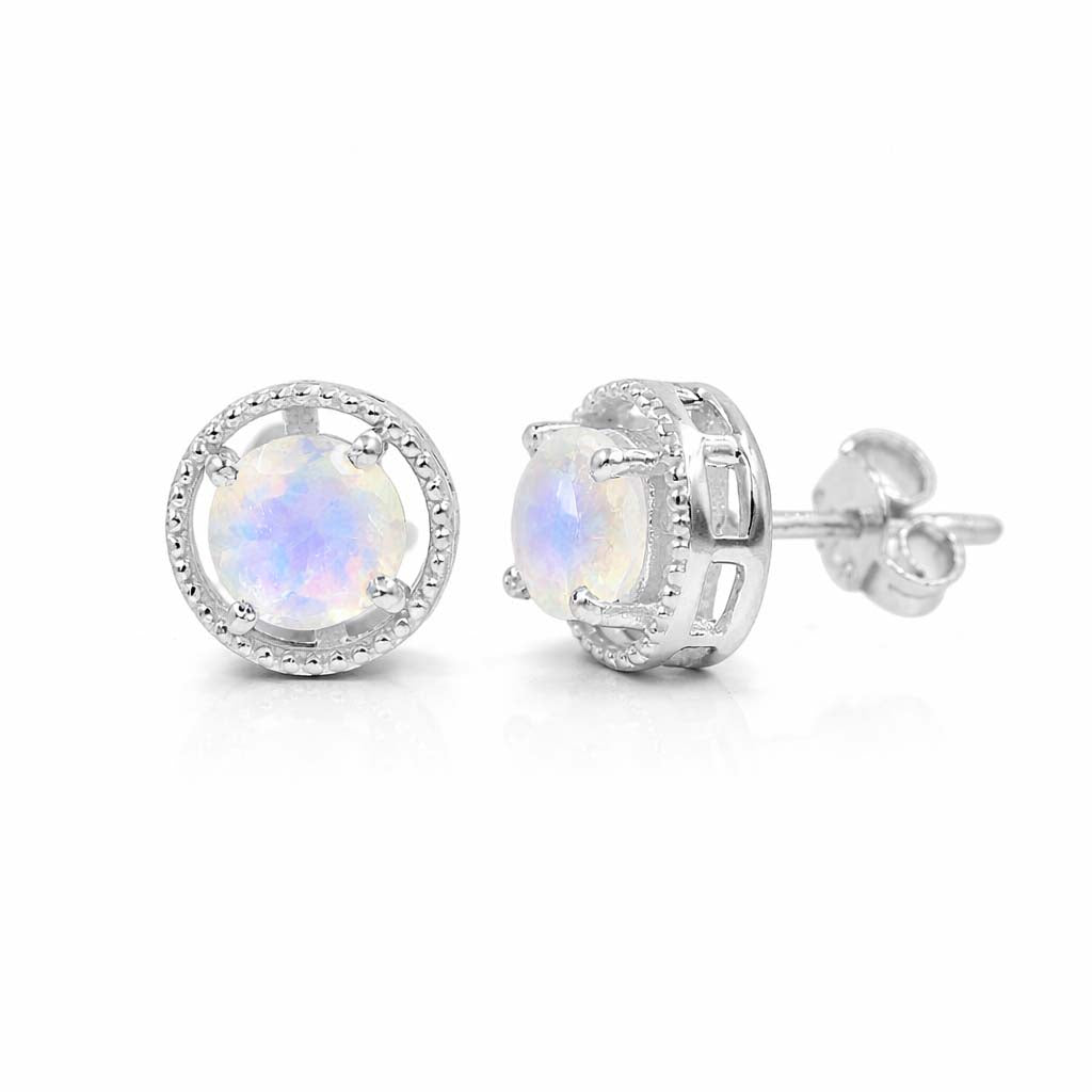 Rainbow Moonstone Round Cabochon Stud Earrings in 925 Sterling Silver Circular Dotted Halo Design