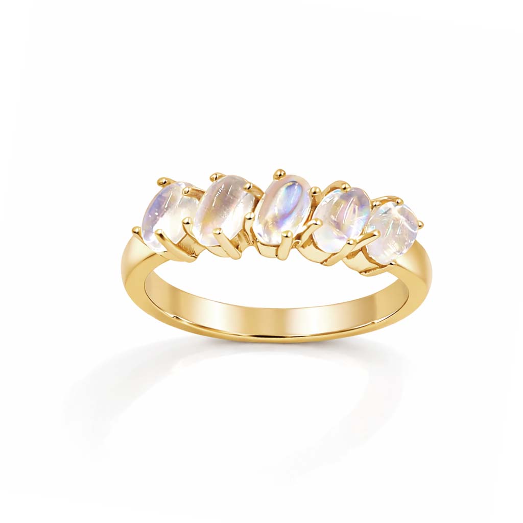 Rainbow Moonstone Oval Cabochon Five Stone Ring in 925 Sterling Silver