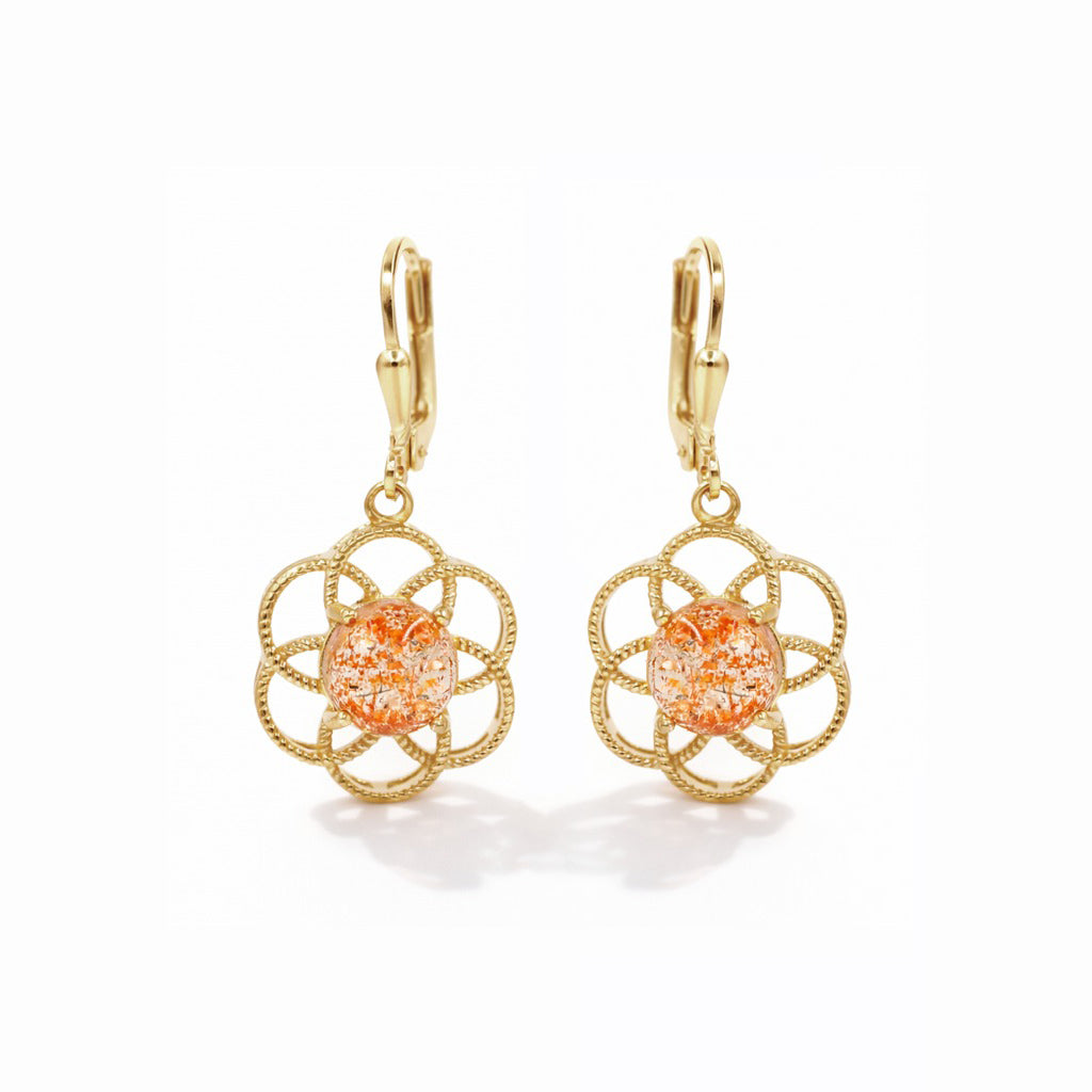Sunstone Cabochon Mesh Flower Lever Back Earrings Modern Prong Set Gold Plated