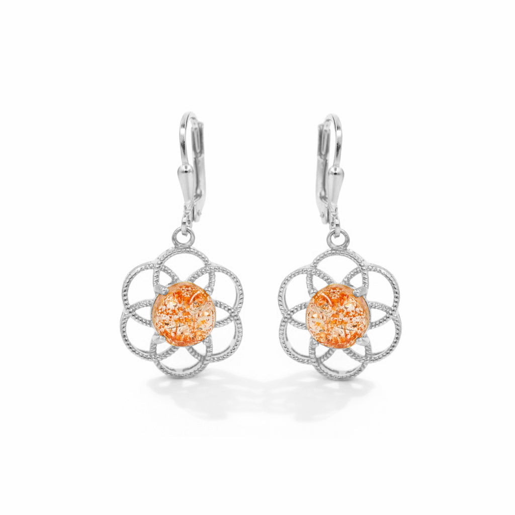 Sunstone Cabochon Mesh Flower Lever Back Earrings Modern Prong Set Gold Plated