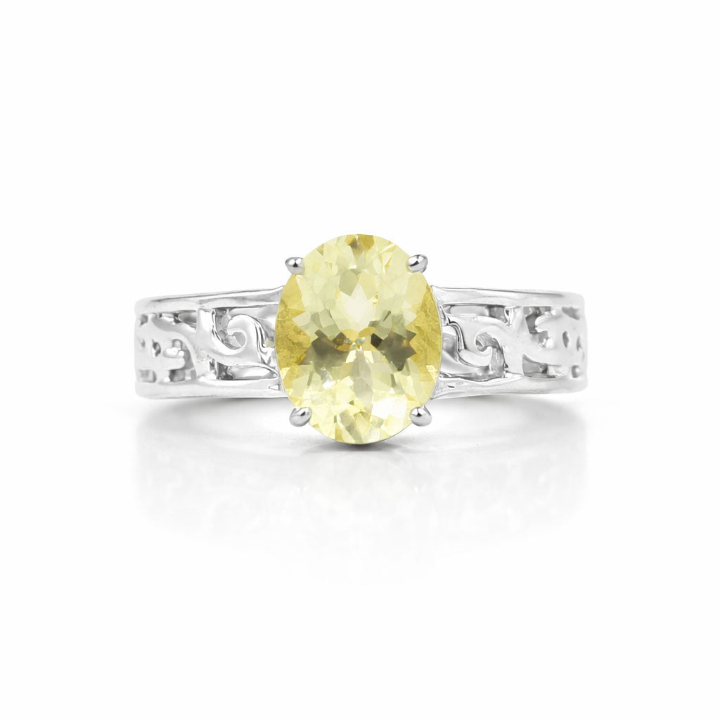 Yellow Aquamarine Oval Cut Emboss Band Designer Ring in 925 Sterling Silver