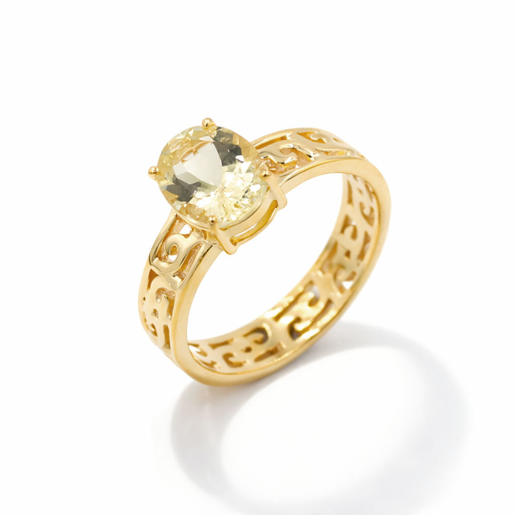 Yellow Aquamarine Oval Cut Emboss Band Designer Ring in 925 Sterling Silver