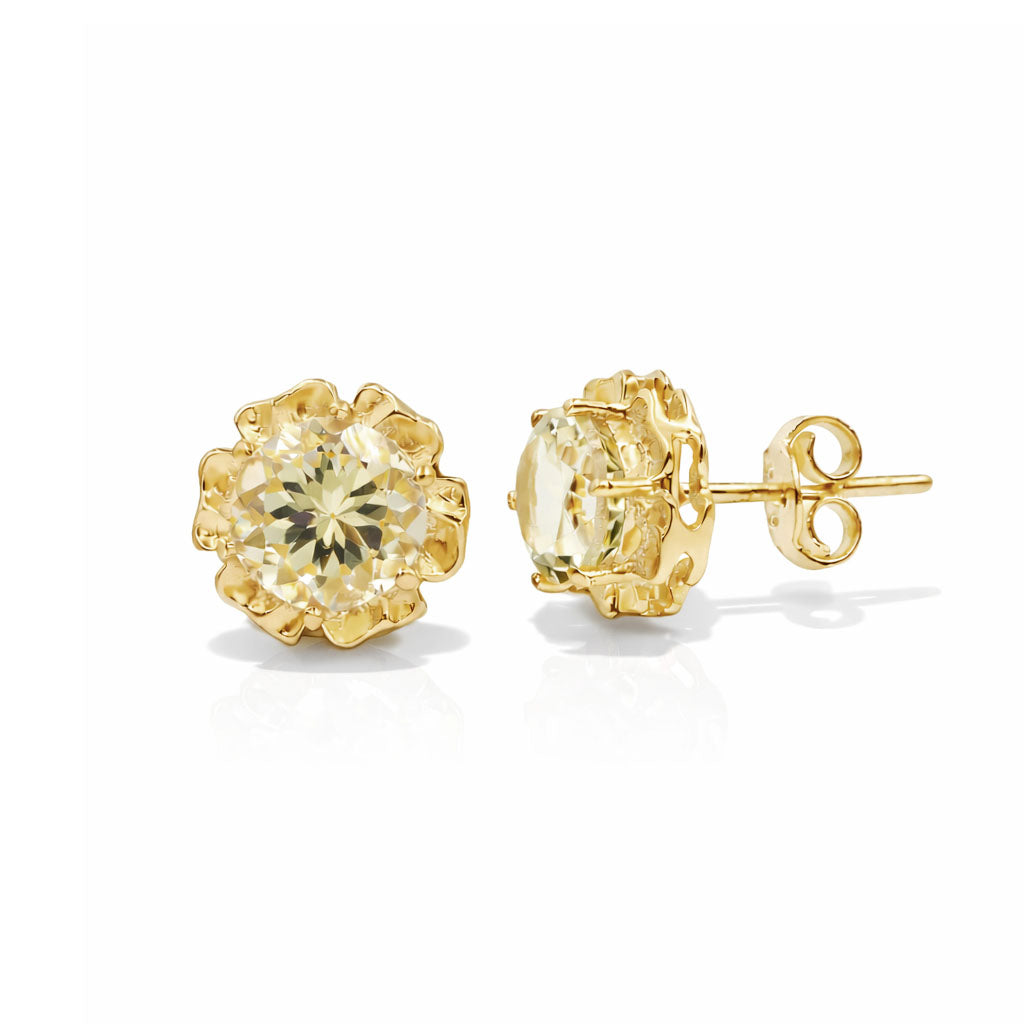 Yellow Aquamarine Round Cut Flower Pattern Designer Stud Earrings