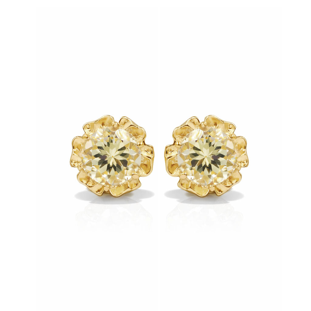 Yellow Aquamarine Round Cut Flower Pattern Designer Stud Earrings