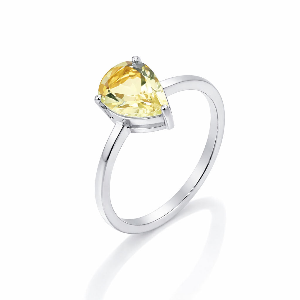 Yellow Aquamarine Pear Cut Solitaire Ring in 925 Sterling Silver Classic Minimal Design