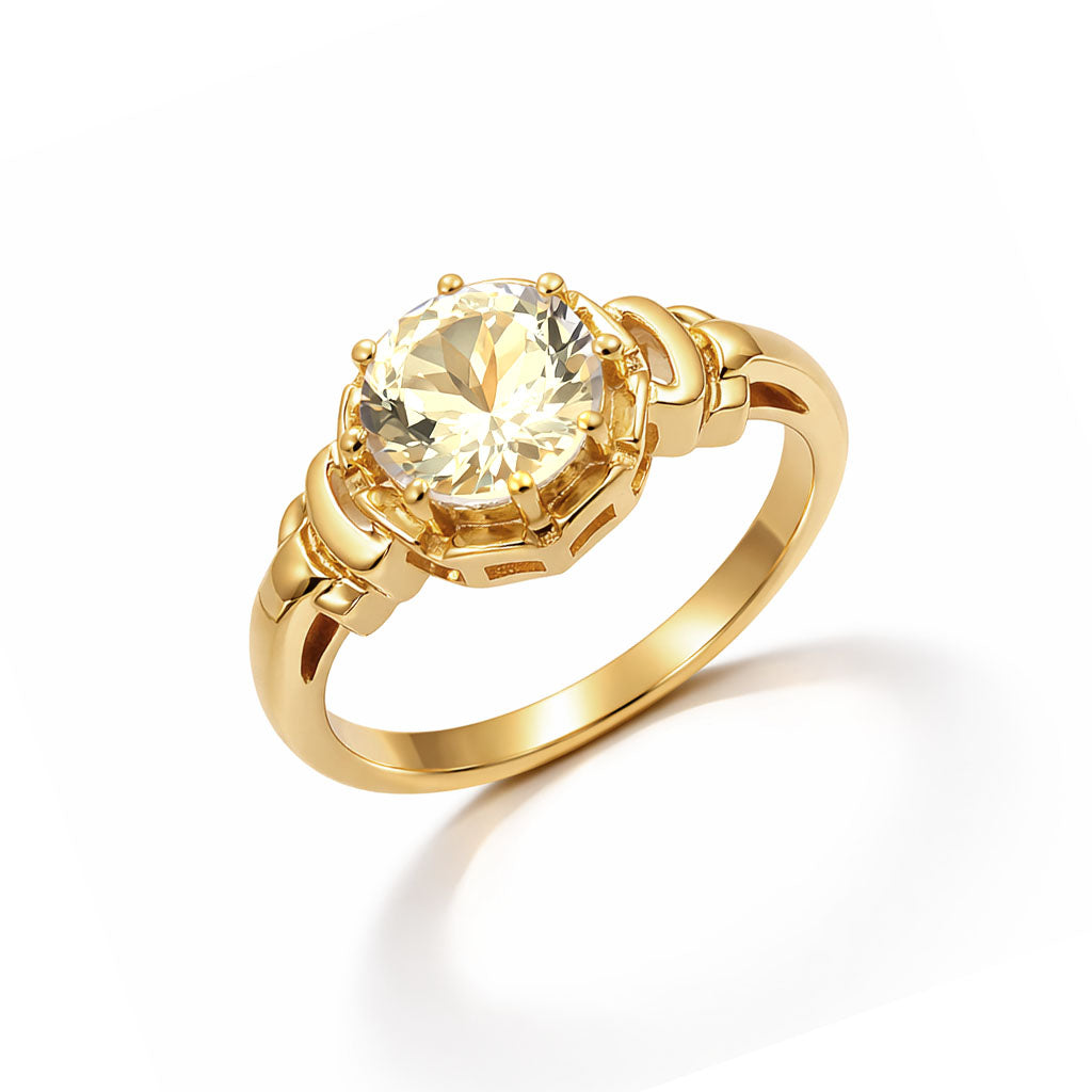 Yellow Aquamarine Round Cut Designer Ring Inspired by Indian Art in 925 Sterling Silver