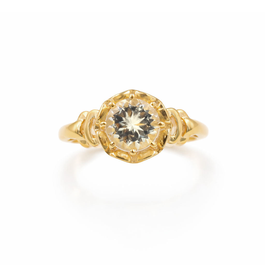 Yellow Aquamarine Round Cut Designer Ring Inspired by Indian Art in 925 Sterling Silver